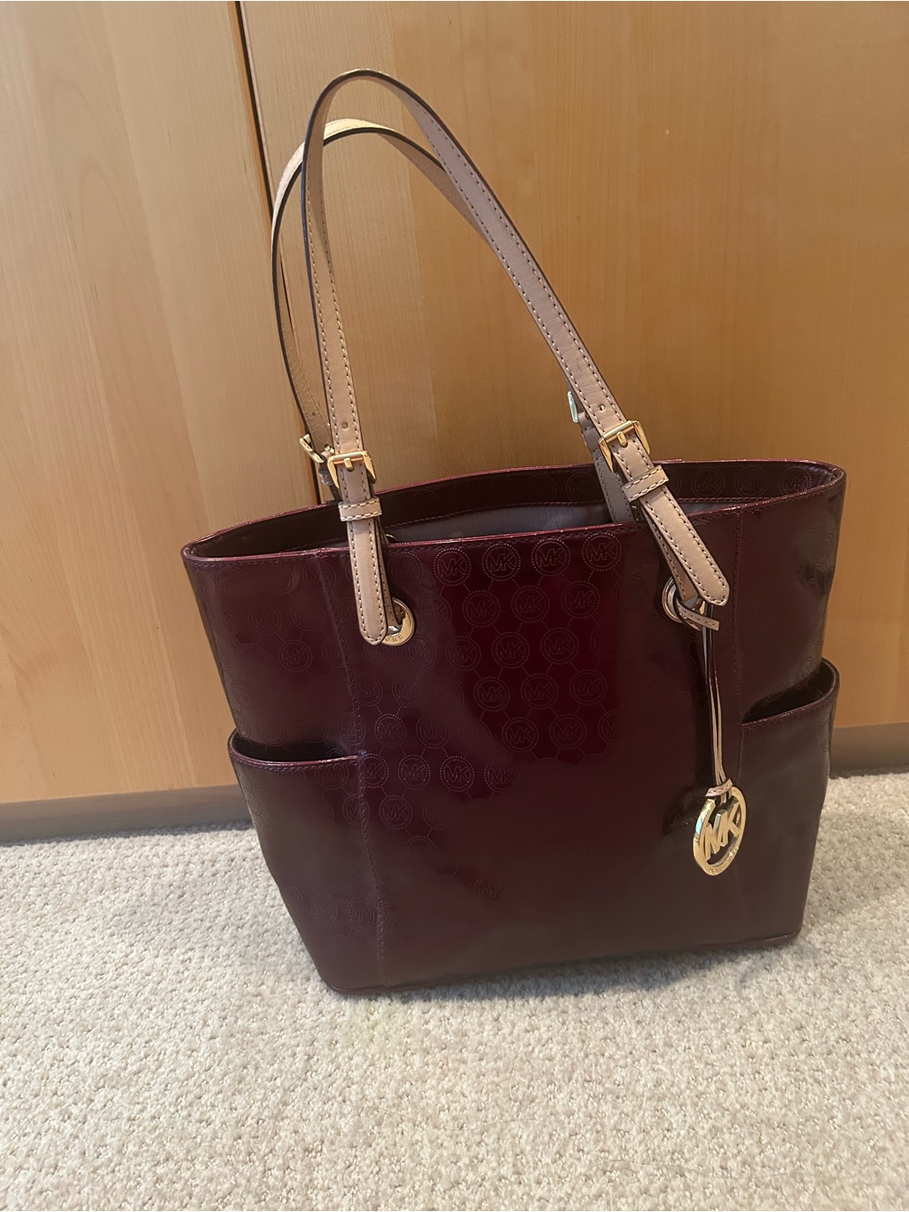 Michael Kors Wine Patent Leather Tote With Tan Straps